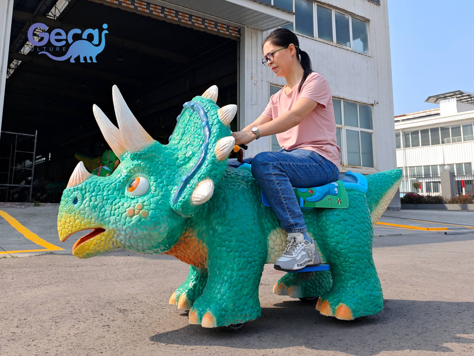 The Cute Cartoon Triceratops Dinosaur Scooter is a playful and interactive ride designed for children's parks, shopping malls, and family entertainment venues. Featuring a friendly cartoon-style Triceratops design, bright colors, rounded shapes, and a comfortable riding structure, this scooter brings prehistor...