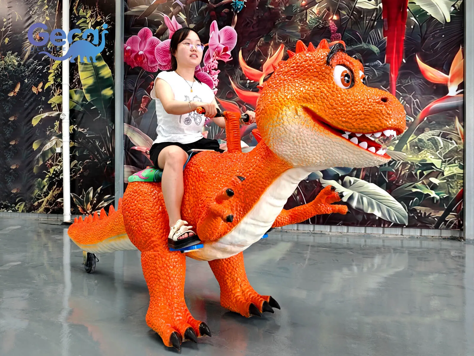 GeCai Culture manufactures realistic dinosaur scooters and interactive dinosaur ride equipment for shopping malls, amusement parks, exhibitions, family entertainment centers, and commercial events worldwide.