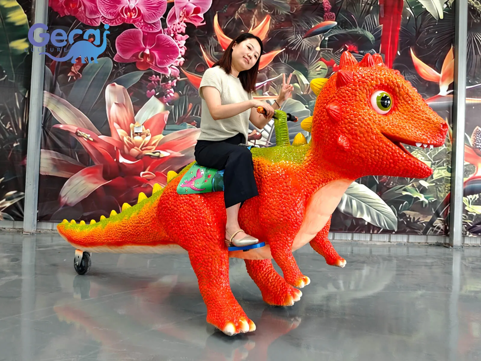 GeCai Culture manufactures realistic dinosaur scooters and interactive dinosaur ride equipment for shopping malls, amusement parks, exhibitions, family entertainment centers, and commercial events worldwide.