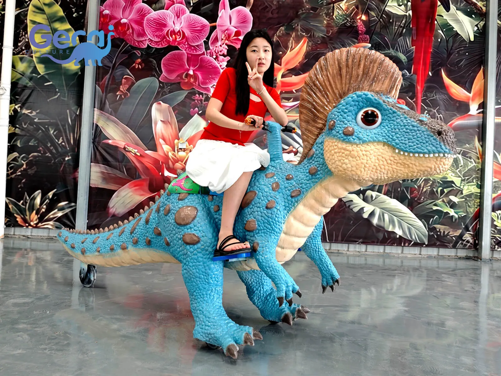 GeCai Culture manufactures realistic dinosaur scooters and interactive dinosaur ride equipment for shopping malls, amusement parks, exhibitions, family entertainment centers, and commercial events worldwide.